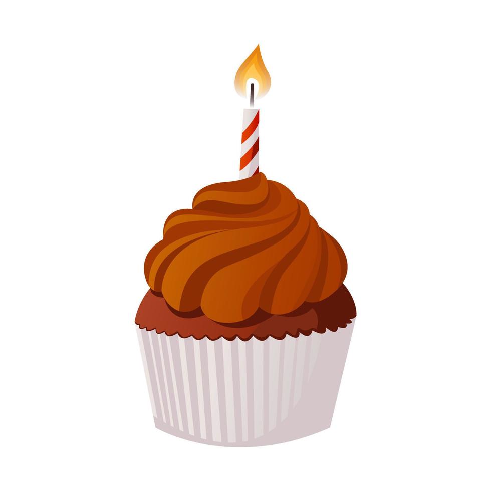 süßer Cupcake mit brennender Kerze im Pappbecher. muffin mit geschmolzener schokoladenglasur icing.cake mit sahne. geburtstagsfeier, feier, urlaub, veranstaltung, festlich, glückwunschkonzept. vektor
