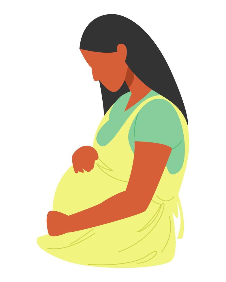 afrikansk amerikan kvinna är gravid. kvinna innehav henne mage sida se. begrepp av hälsa, bebis, graviditet, kvinna tema. vektor illustration. platt stil.