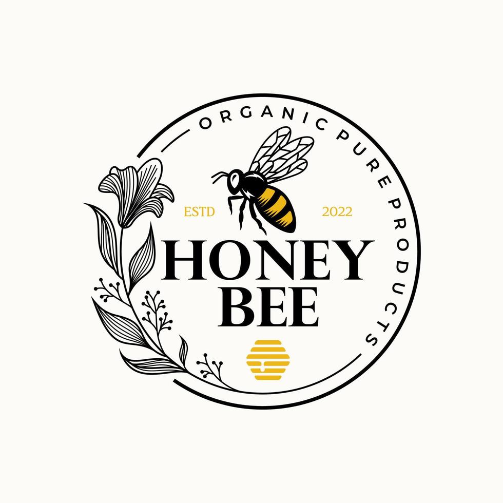 hand dragen honung bi med blommor logotyp inspiration vektor illustration