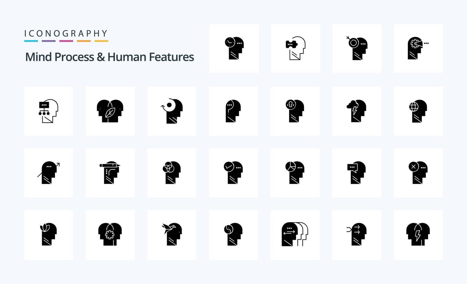 25 Gedankenprozesse und menschliche Merkmale solides Glyphen-Icon-Pack vektor