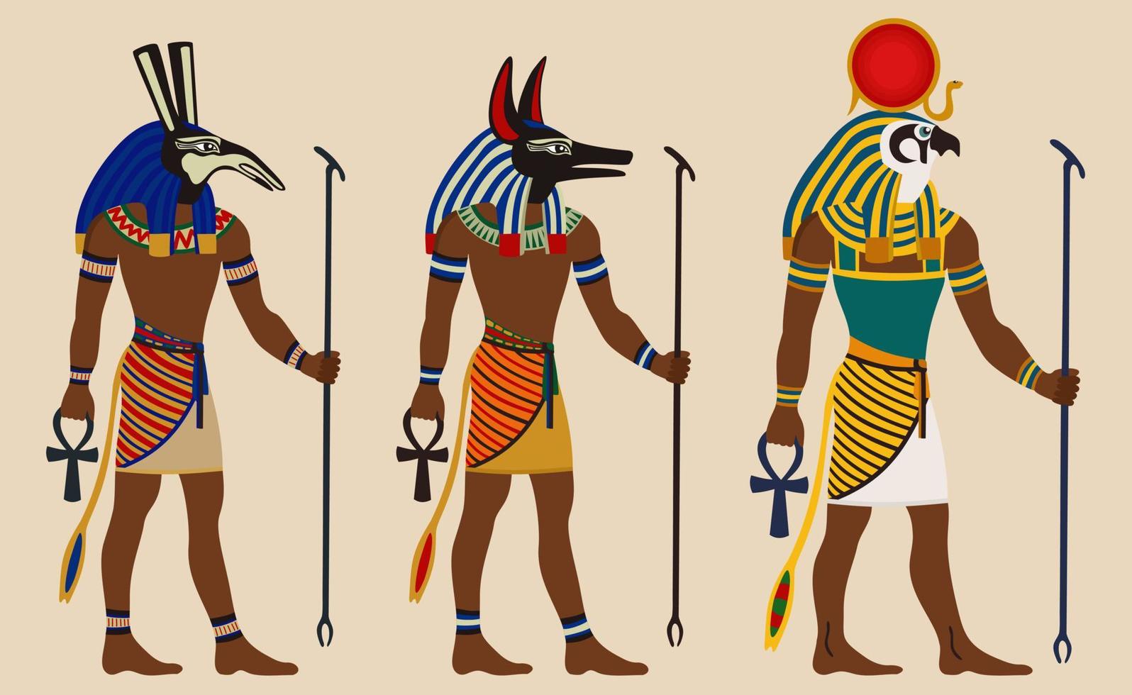 antikes Ägypten. ägyptische götter, set, anubis, ra. Vektorillustration auf hellbeigem Hintergrund. vektor