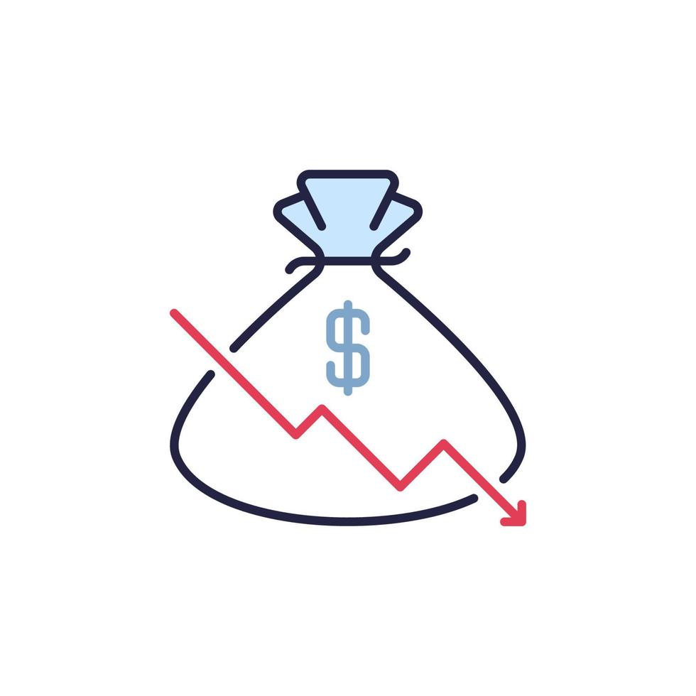 fallendes Diagramm mit farbigem Symbol für das Inflationskonzept des Geldbeutelvektors vektor