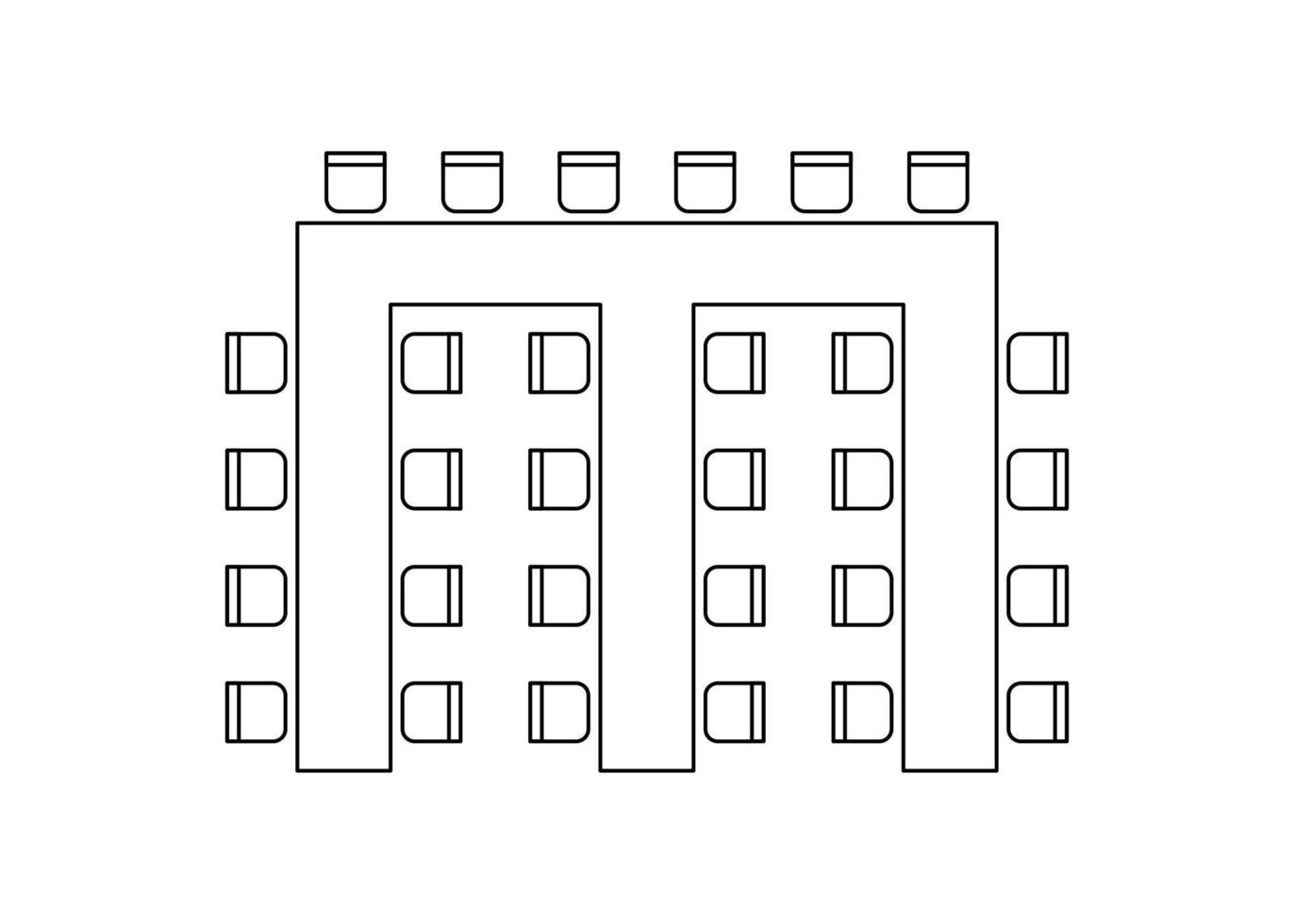 planen för arrangera säten och tabeller i interiör, layout grafisk översikt element. stolar och tabeller ikoner i schema arkitektonisk planen. kontor och Hem möbel, topp se. vektor linje