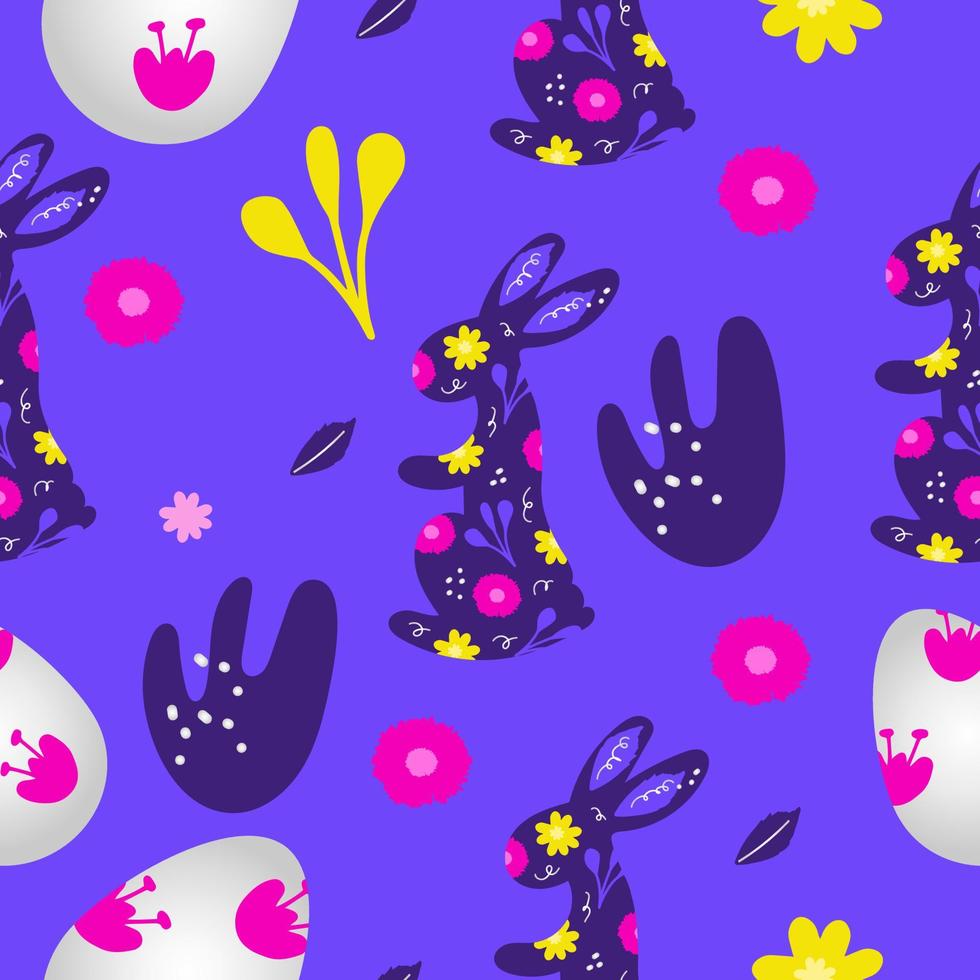 sömlös påsk mönster med kanin, ägg och blommor. söt hand dragen påsk klotter bakgrund. vektor