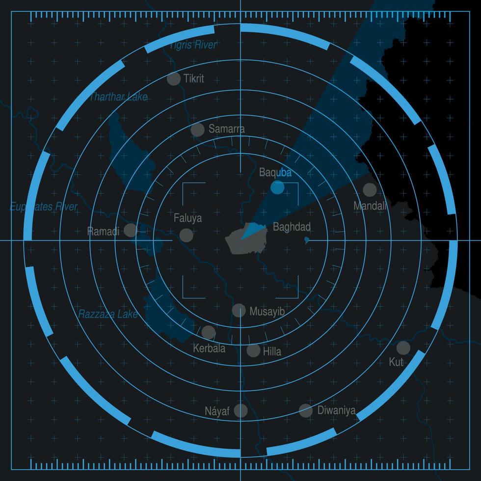 Karta av de bagdad område i grå toner under blå radar. vektor bild