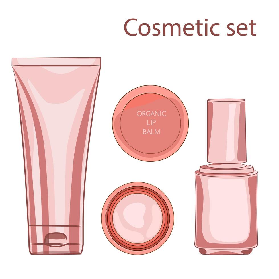 kosmetisches Set. Cremetube, Lippenbalsam, Nagellack vektor