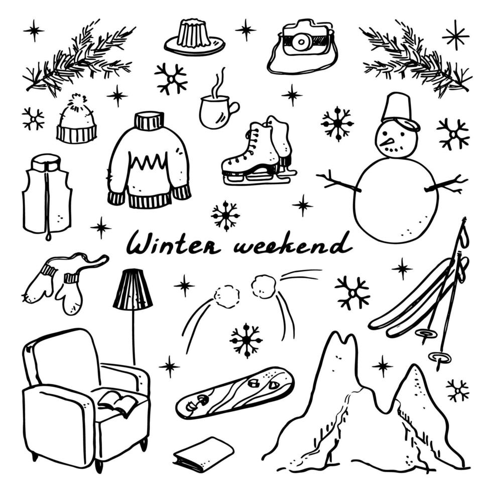 Vektor handgezeichnete Doodle Winterzeit mit Skiern, Snowboard, Schlittschuhen, Winterkleidung, Weihnachtsbaumzweigen und Schneeflocken
