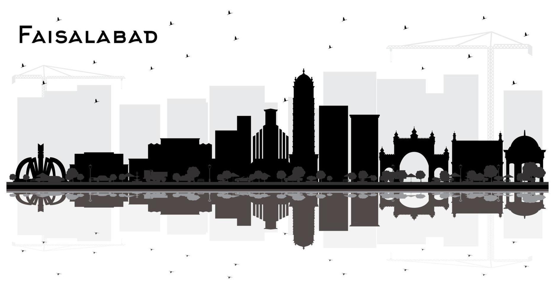 faisalabad pakistan city skyline silhouette mit schwarzen gebäuden und reflexionen isoliert auf weiß. vektor