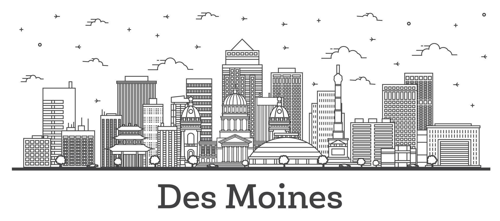 umriss des moines iowa stadtskyline mit modernen gebäuden isoliert auf weiß. vektor