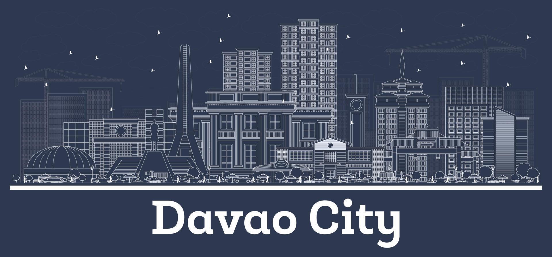 skizzieren sie die skyline von davao city philippinen mit weißen gebäuden. vektor