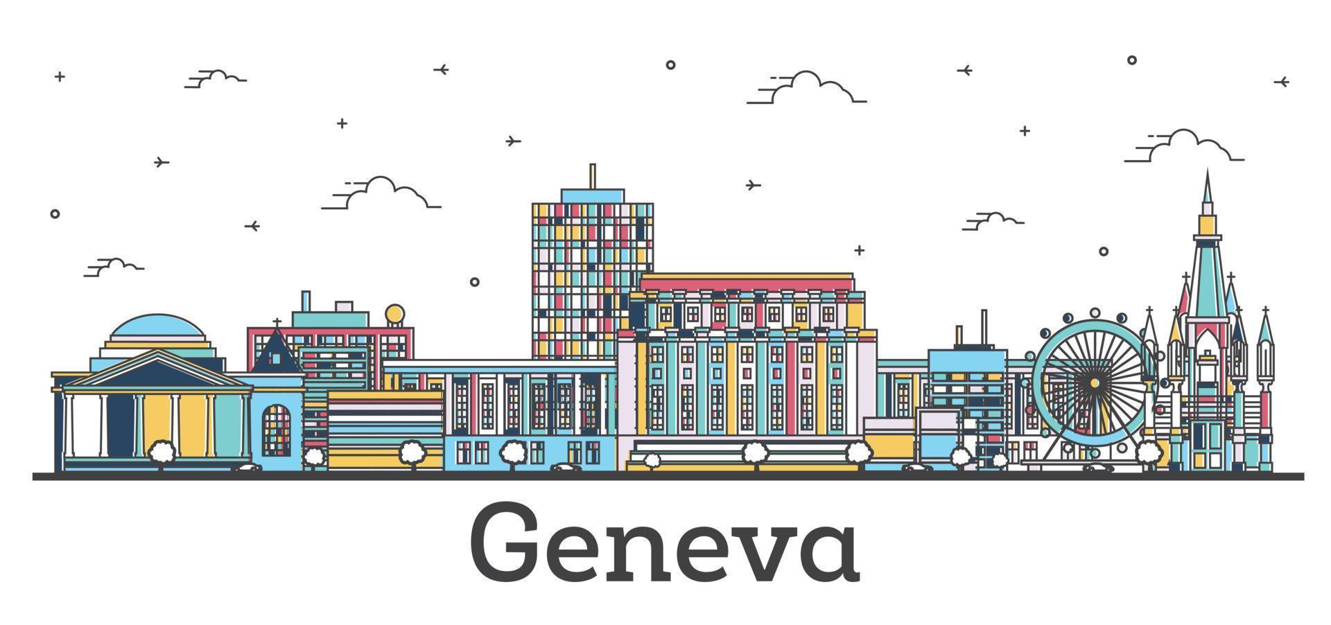 översikt Genève schweiz stad horisont med Färg byggnader isolerat på vit. vektor