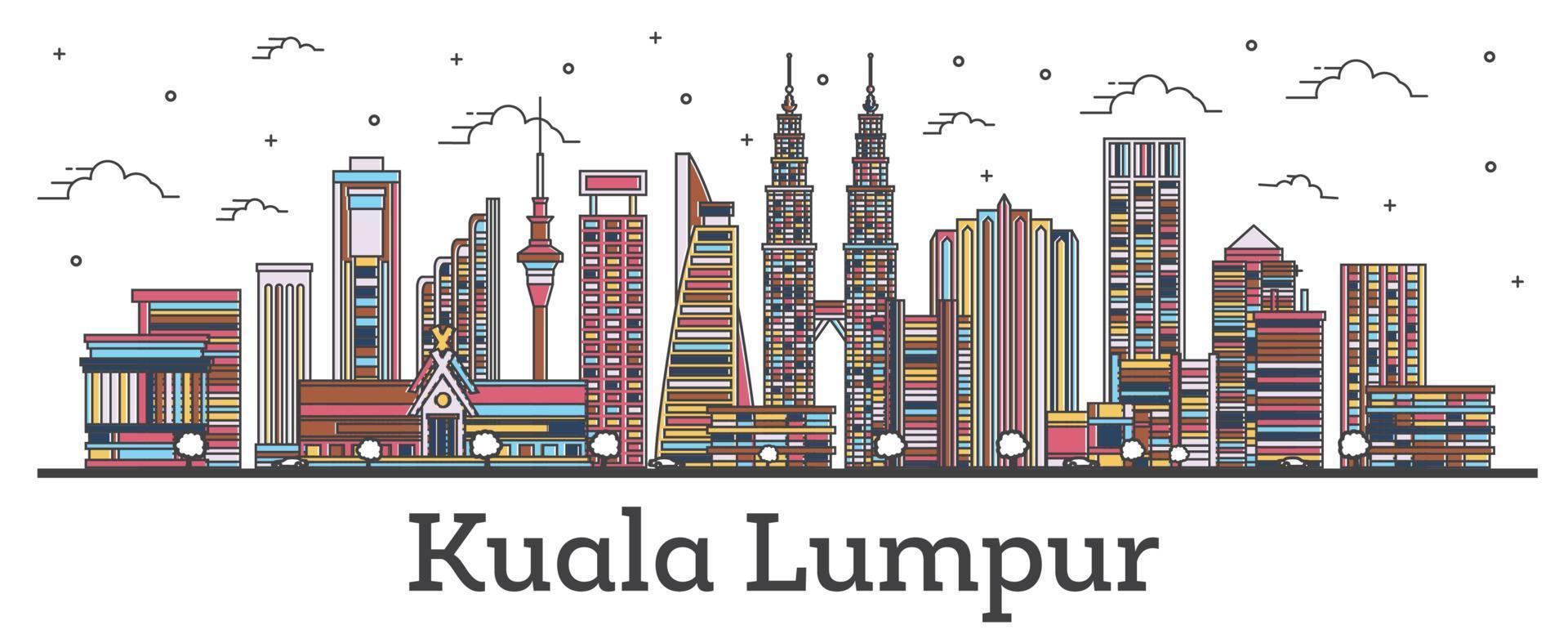 skizzieren sie die skyline von kuala lumpur malaysia mit farbigen gebäuden, die auf weiß isoliert sind. vektor