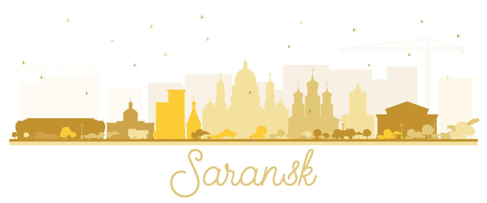 saransk russland stadtsilhouette mit goldenen gebäuden isoliert auf weiß. vektor