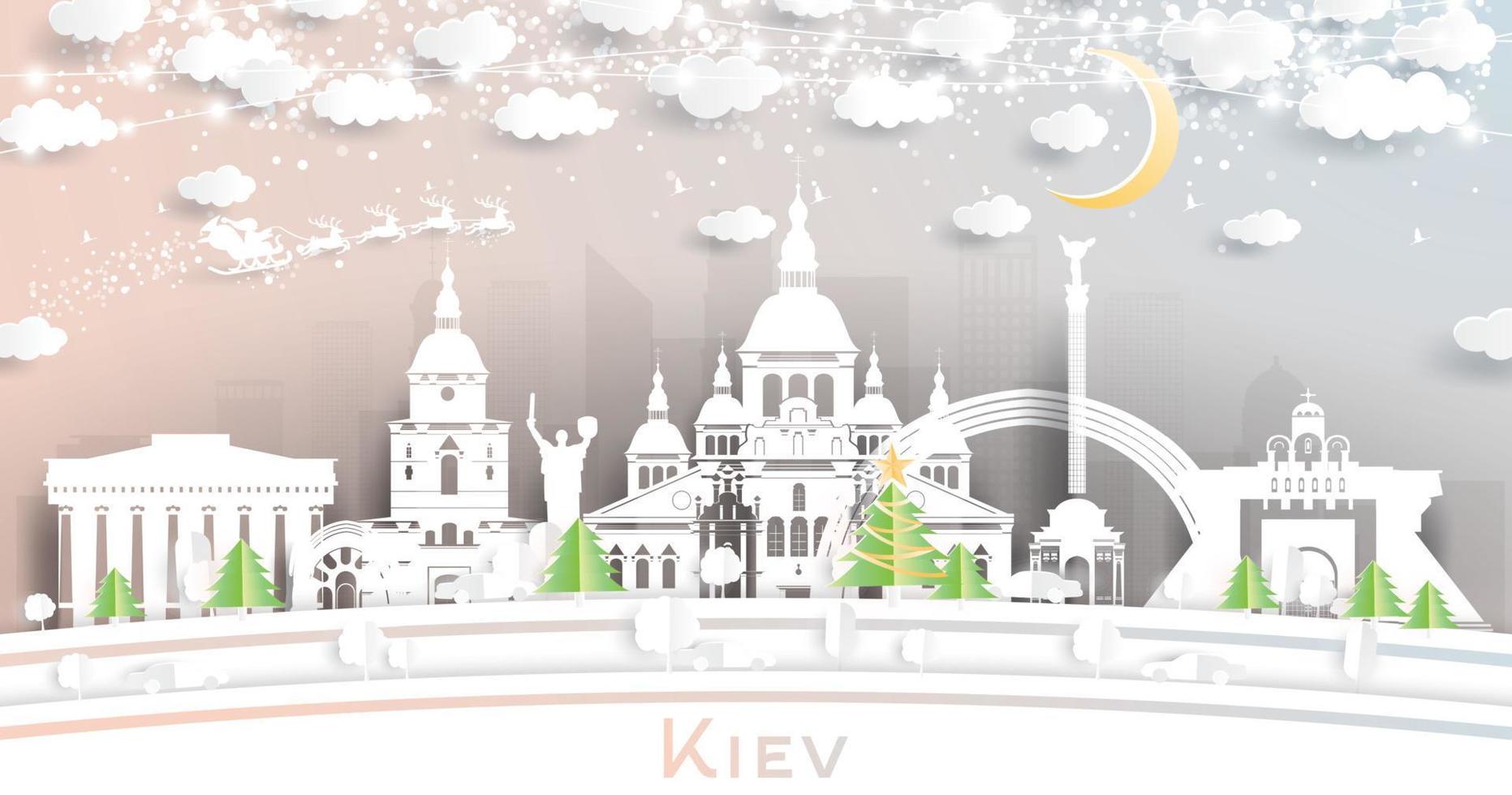 kiew ukraine stadtskyline im papierschnittstil mit schneeflocken, mond und neongirlande. vektor
