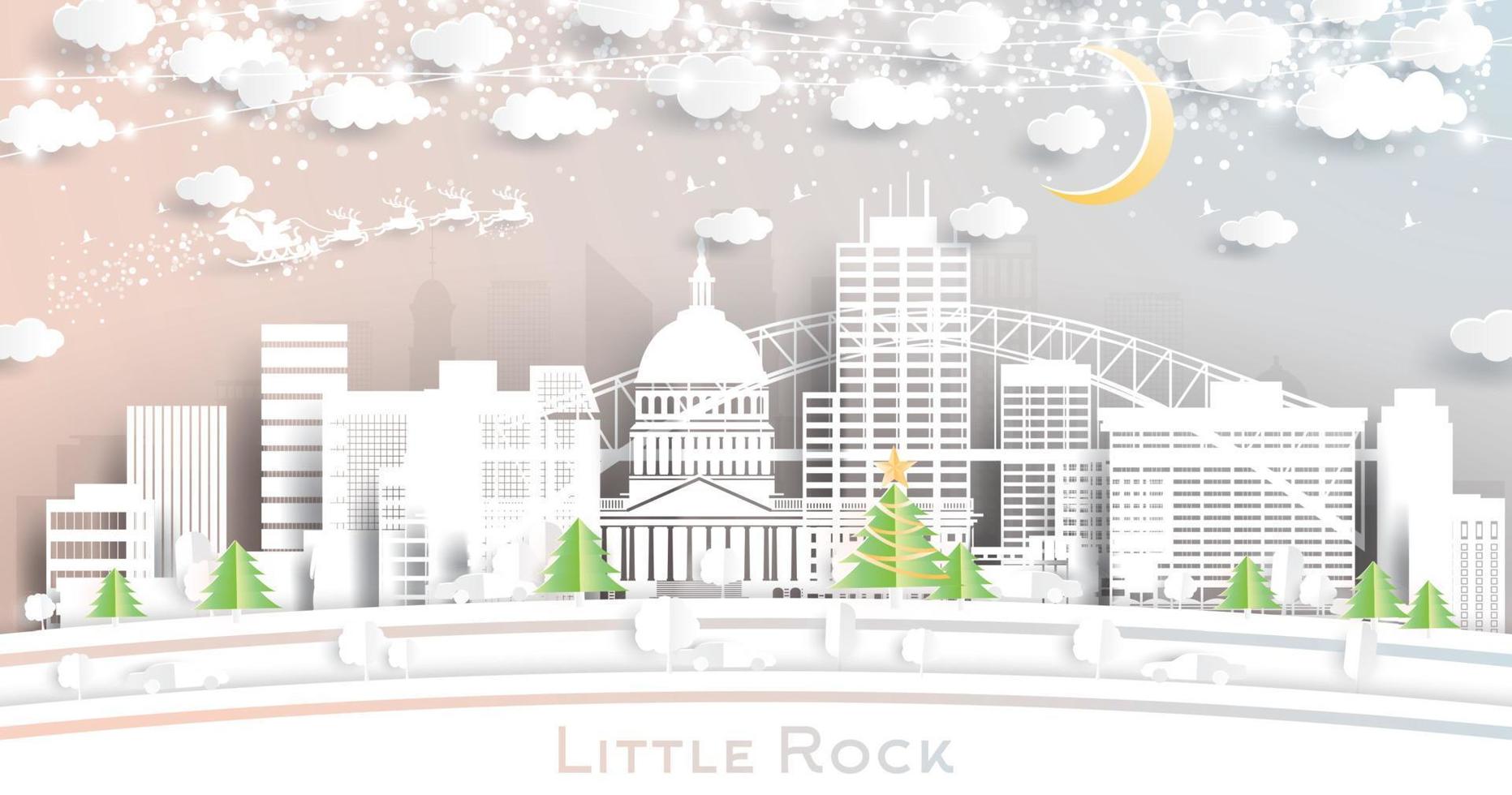 liten sten Arkansas USA stad horisont i papper skära stil med snöflingor, måne och neon krans. vektor
