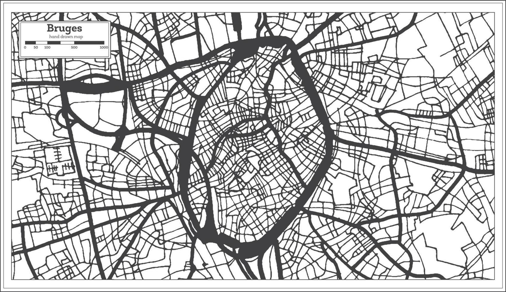 Brügge Belgien Stadtplan in schwarz-weißer Farbe. Übersichtskarte. vektor