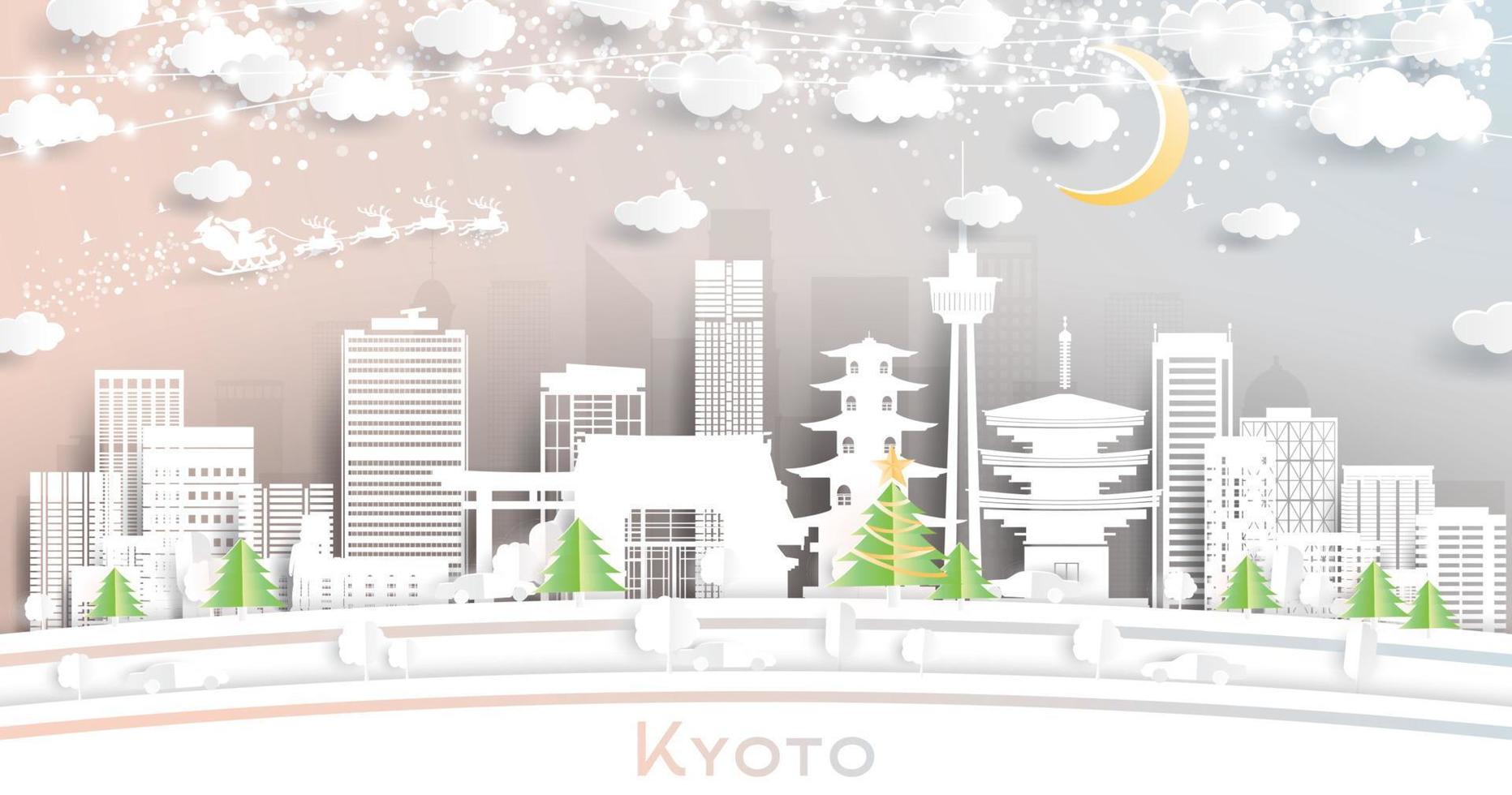 kyoto japan stad horisont i papper skära stil med snöflingor, måne och neon krans. vektor