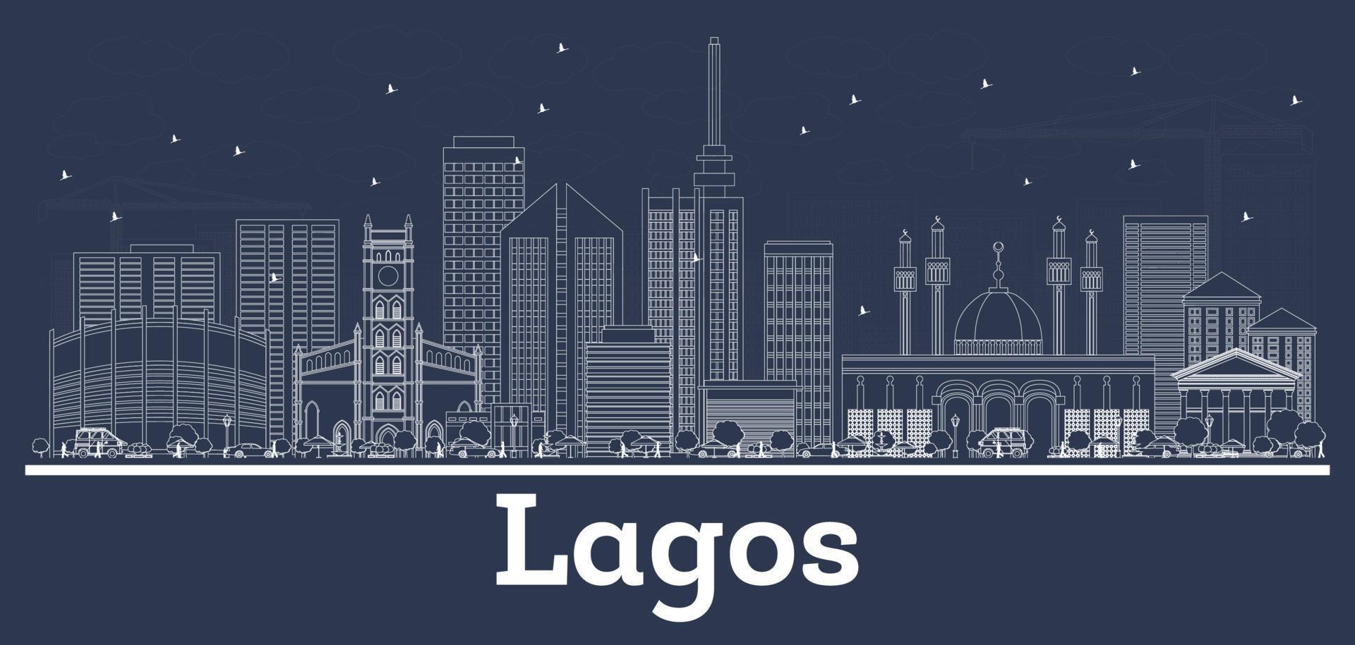 skizzieren sie die skyline von lagos nigeria mit weißen gebäuden. vektor