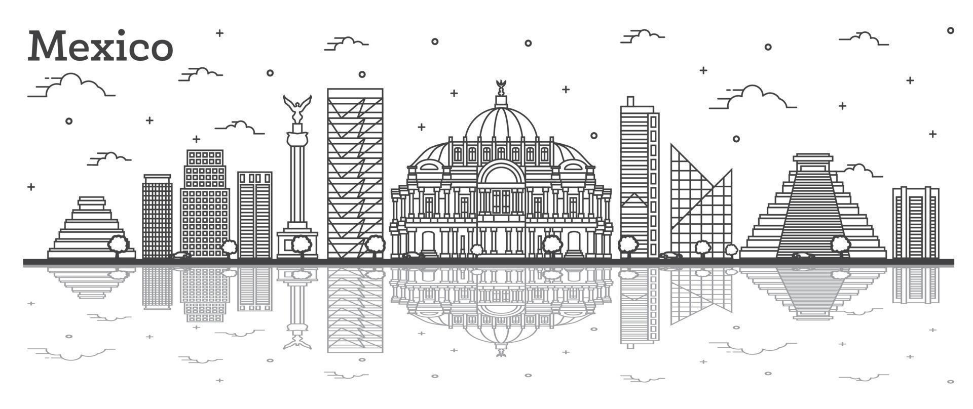skizzieren sie die skyline von mexiko mit historischen gebäuden und reflexionen isoliert auf weiß. vektor