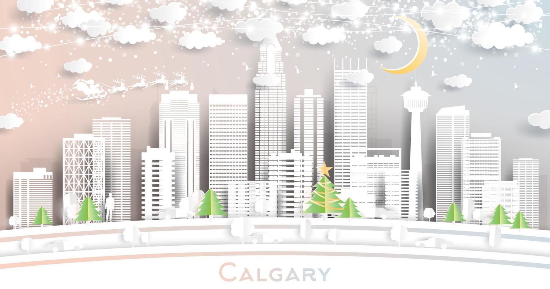 calgary kanada stad horisont i papper skära stil med snöflingor, måne och neon krans. vektor