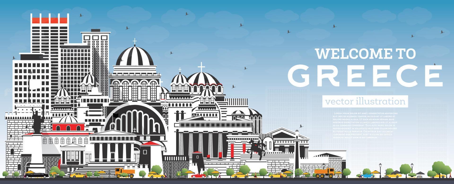 Välkommen till grekland stad horisont med grå byggnader och blå himmel. vektor illustration.