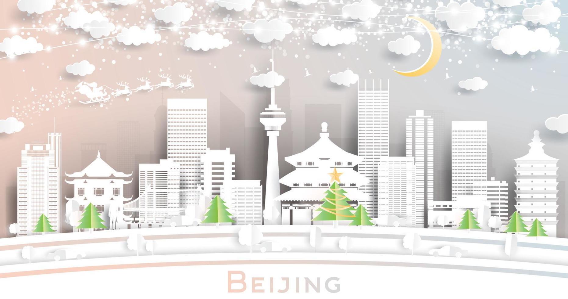 peking china city skyline im papierschnittstil mit schneeflocken, mond und neongirlande. vektor