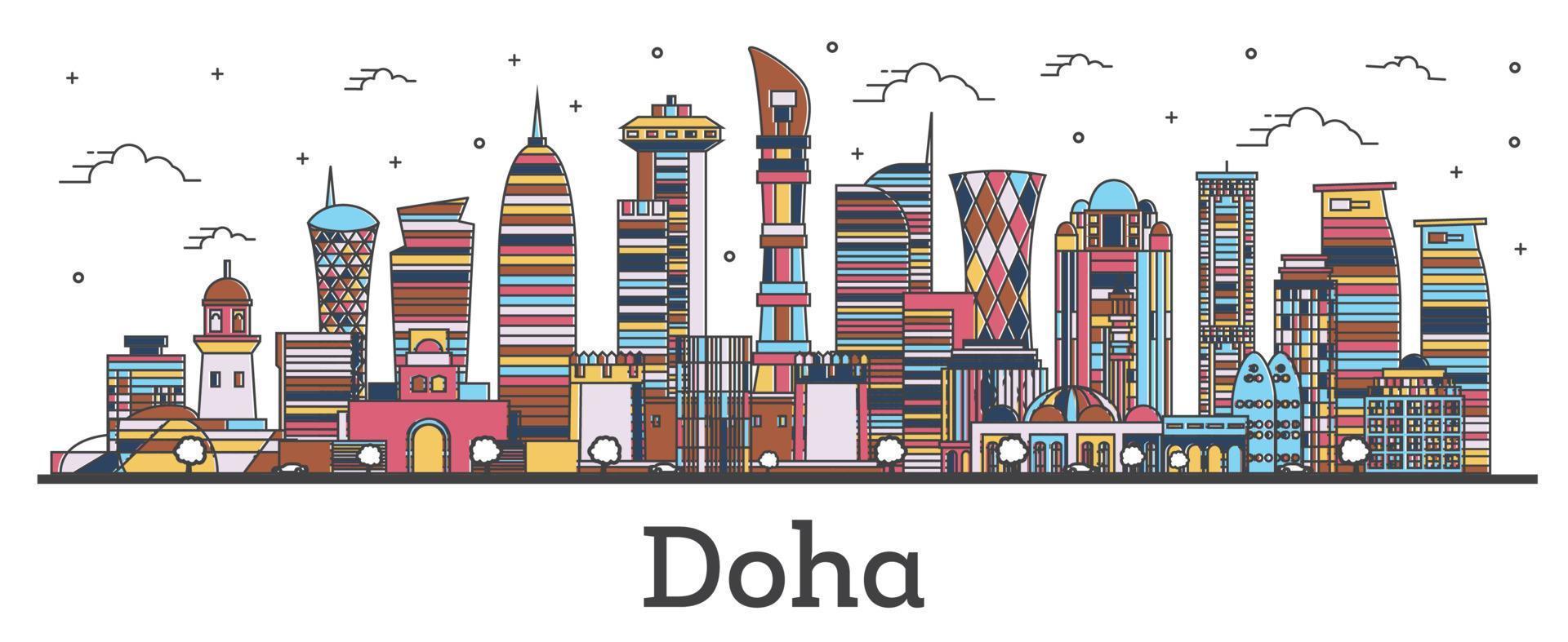 skizzieren sie die skyline von doha katar mit farbigen gebäuden, die auf weiß isoliert sind. vektor