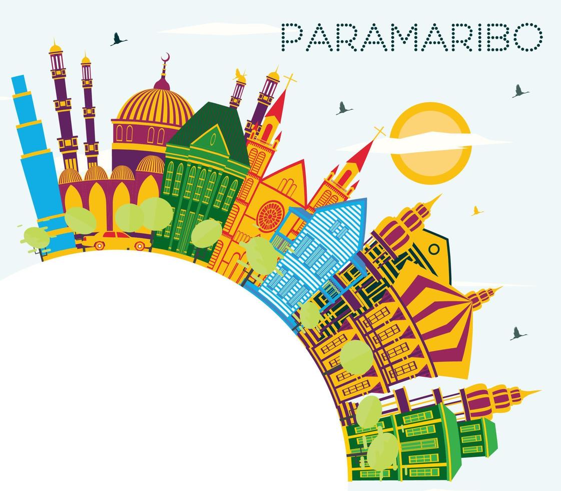 paramaribo surinam city skyline mit farbigen gebäuden, blauem himmel und kopierraum. vektor