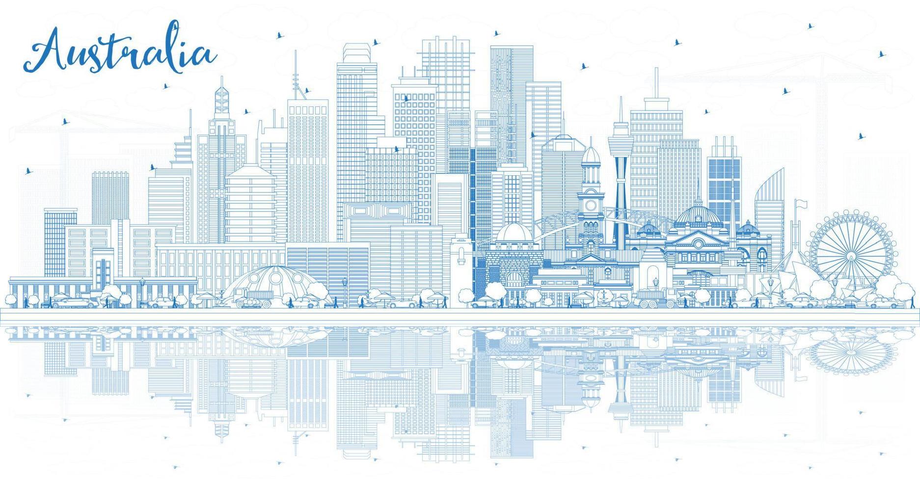 översikt Australien stad horisont med blå byggnader och reflektioner. vektor