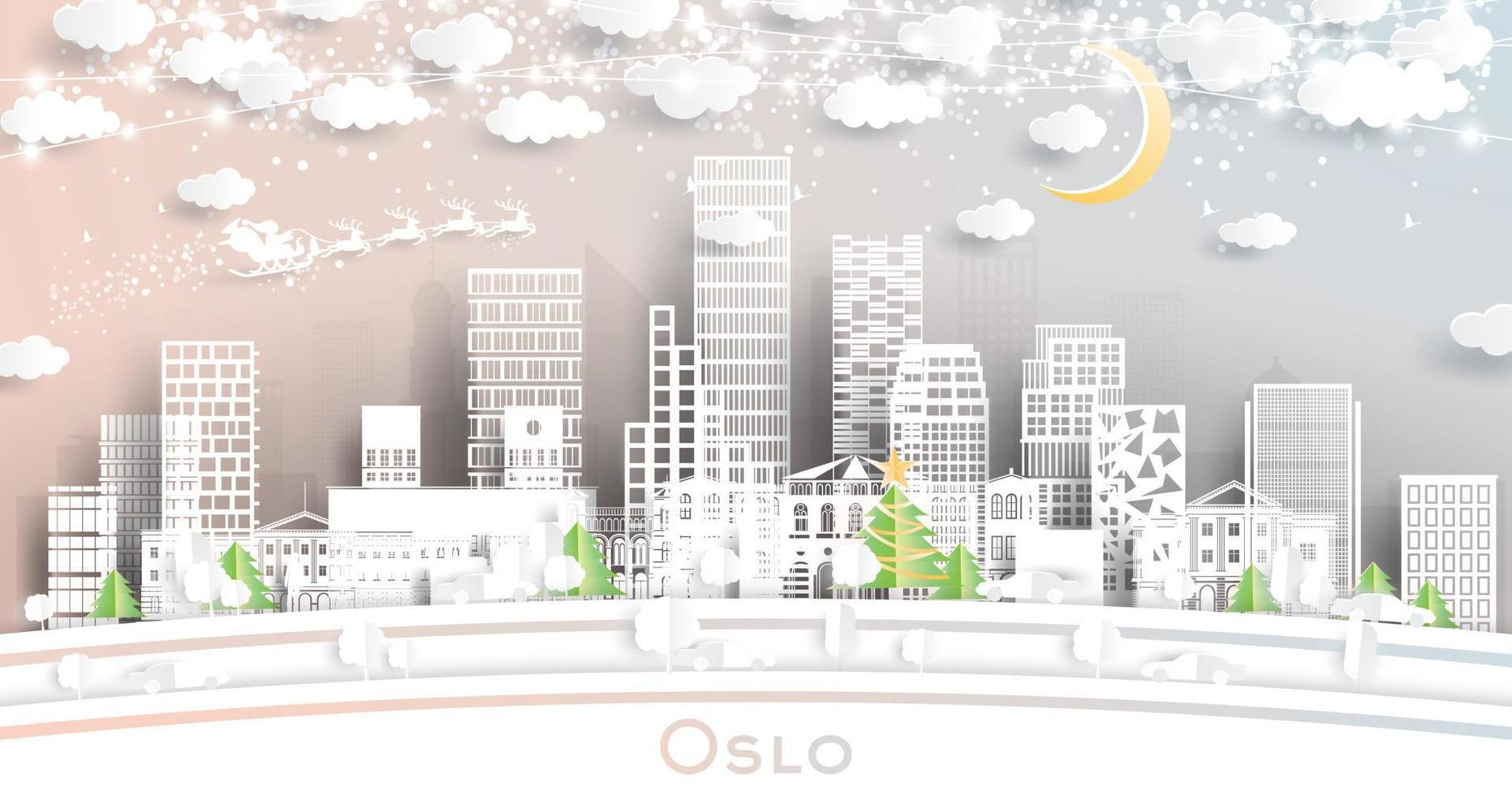 oslo Norge stad horisont i papper skära stil med snöflingor, måne och neon krans. vektor