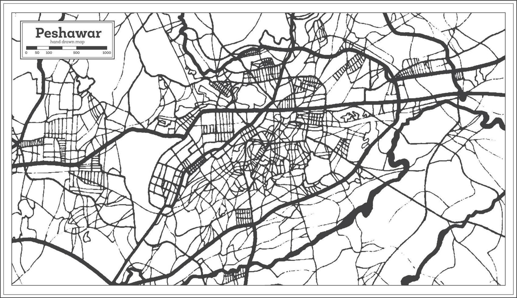 peshawar pakistan stadtplan im retro-stil in schwarz-weißer farbe. Übersichtskarte. vektor