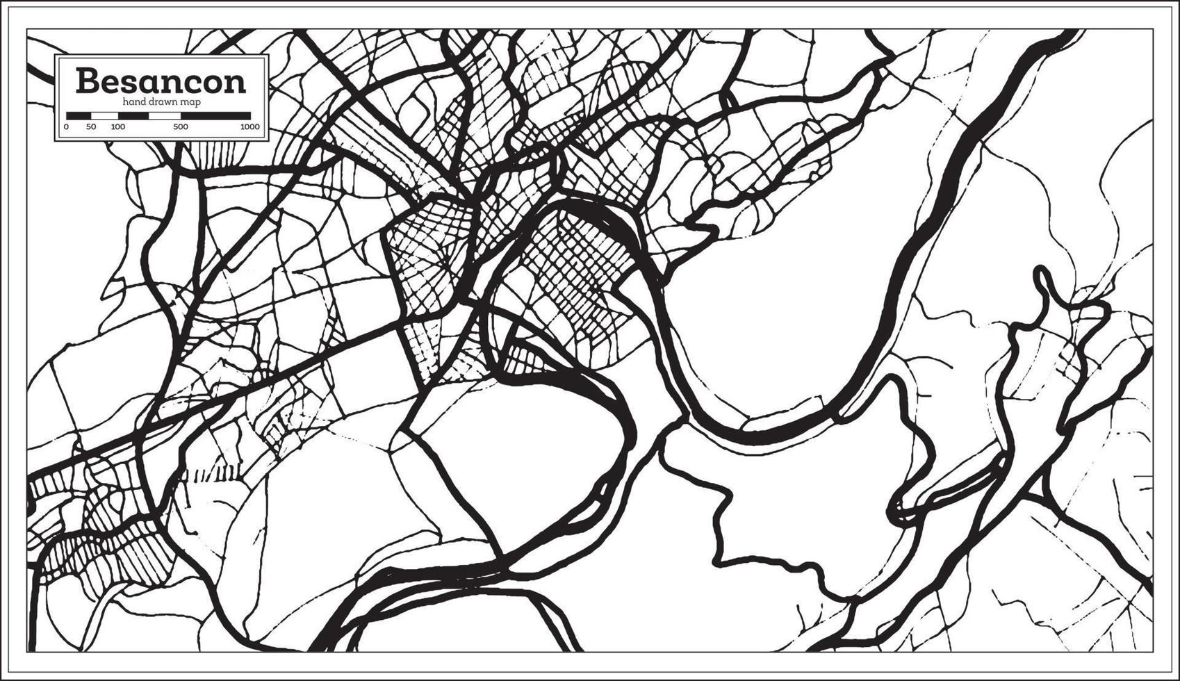 besançon frankreich stadtplan in schwarz-weißer farbe im retro-stil. Übersichtskarte. vektor