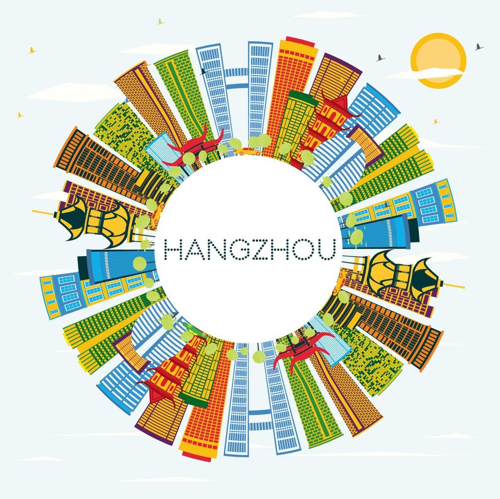hangzhou Kina stad horisont med Färg byggnader, blå himmel och kopia Plats. vektor