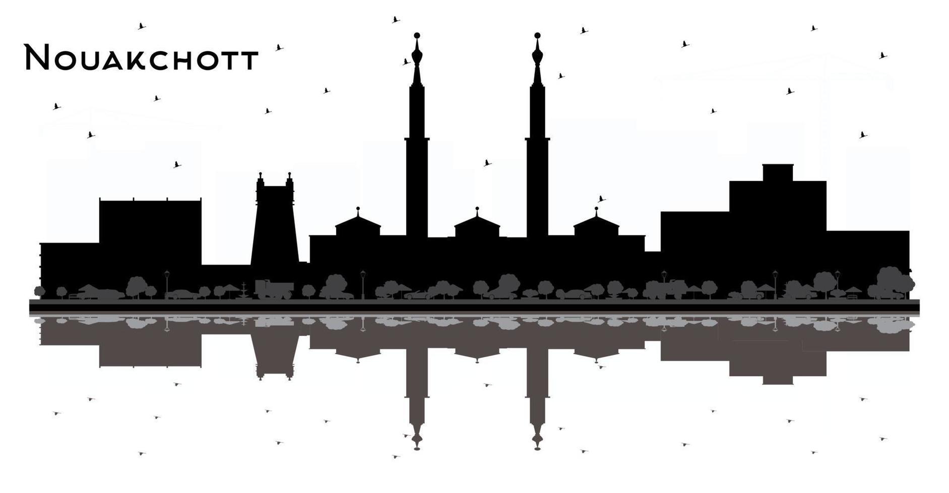 nouakchott mauretanien stad horisont svart och vit silhuett med reflektioner. vektor