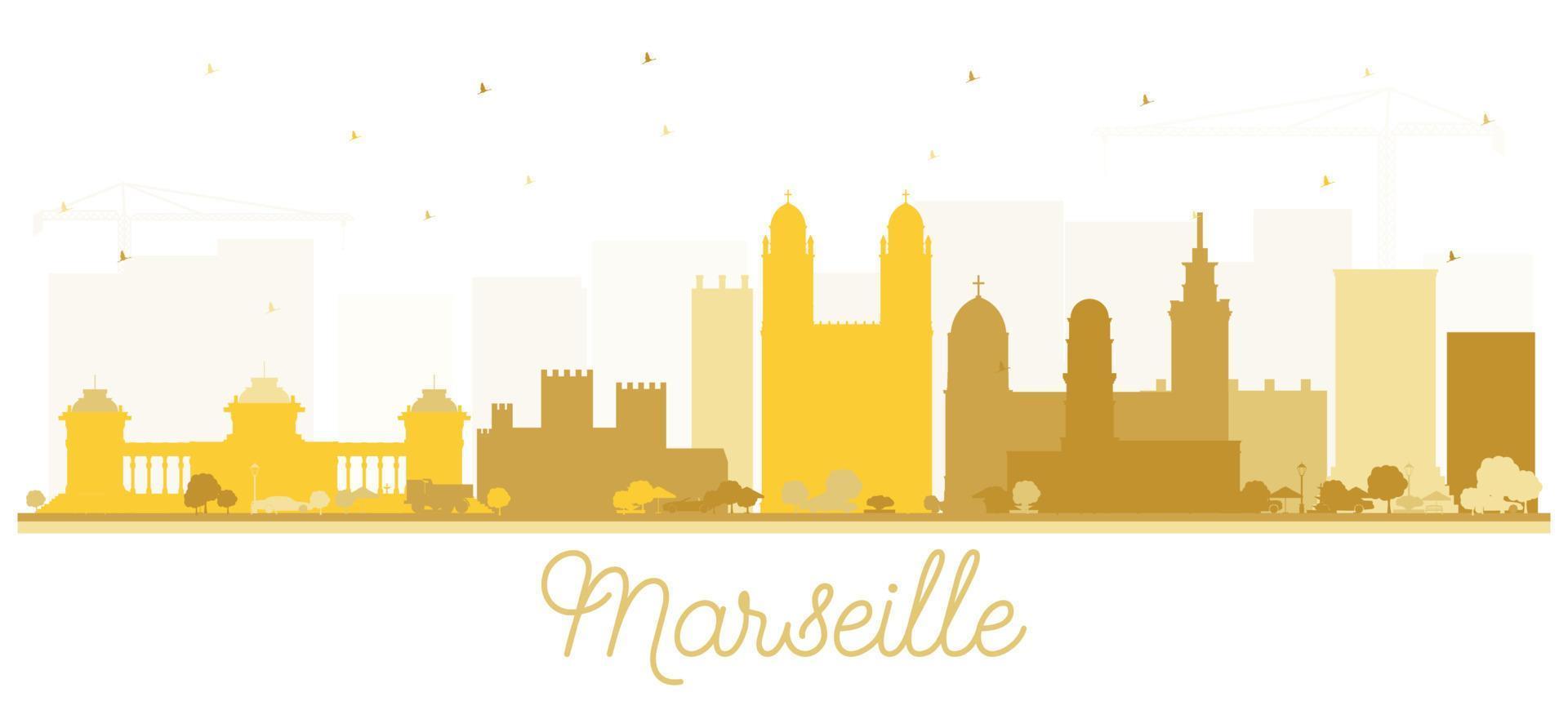 Marseille Frankreich City Skyline Silhouette mit goldenen Gebäuden. vektor