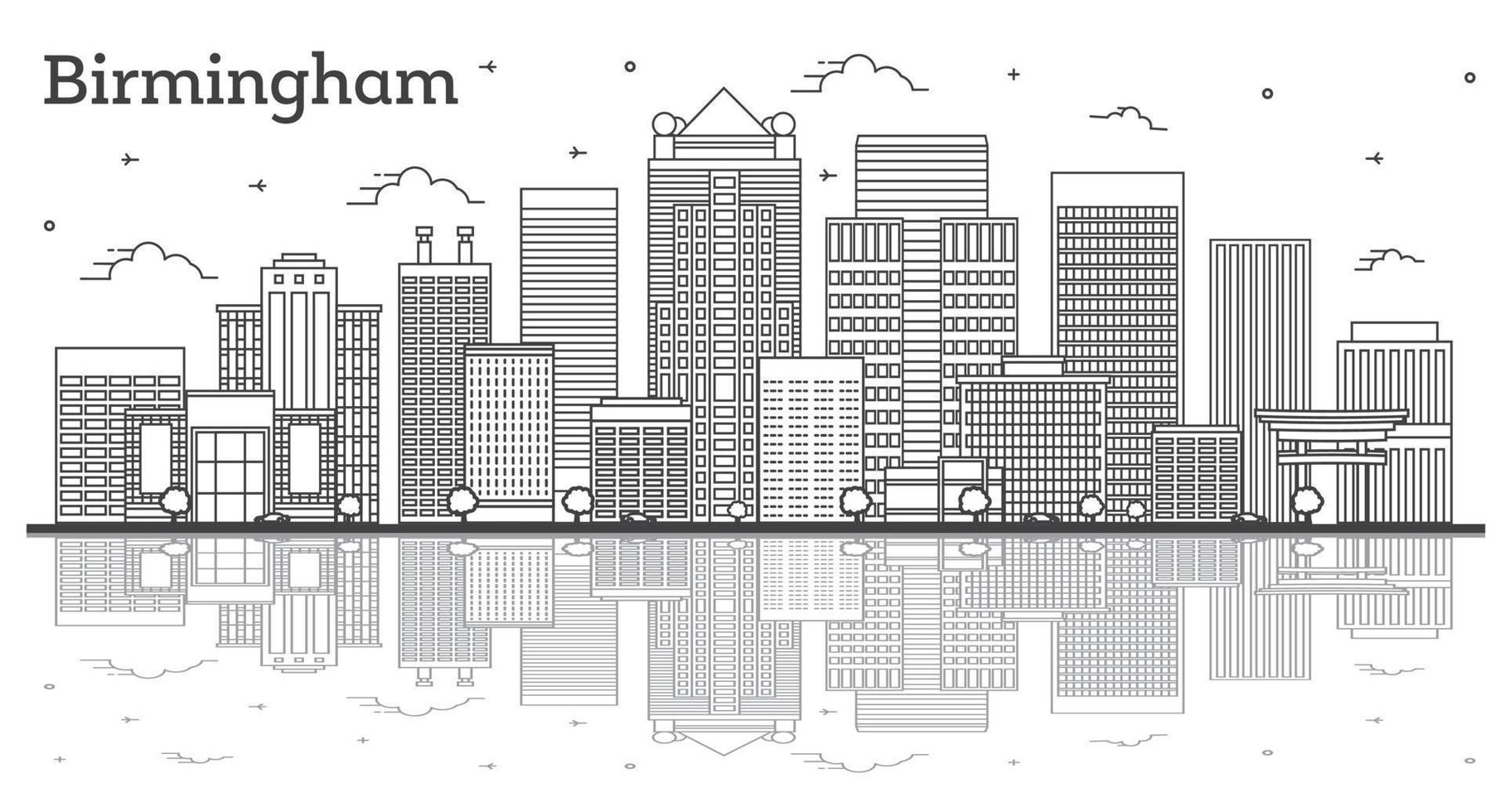 skizzieren sie die skyline von birmingham alabama mit modernen gebäuden und reflexionen isoliert auf weiß. vektor