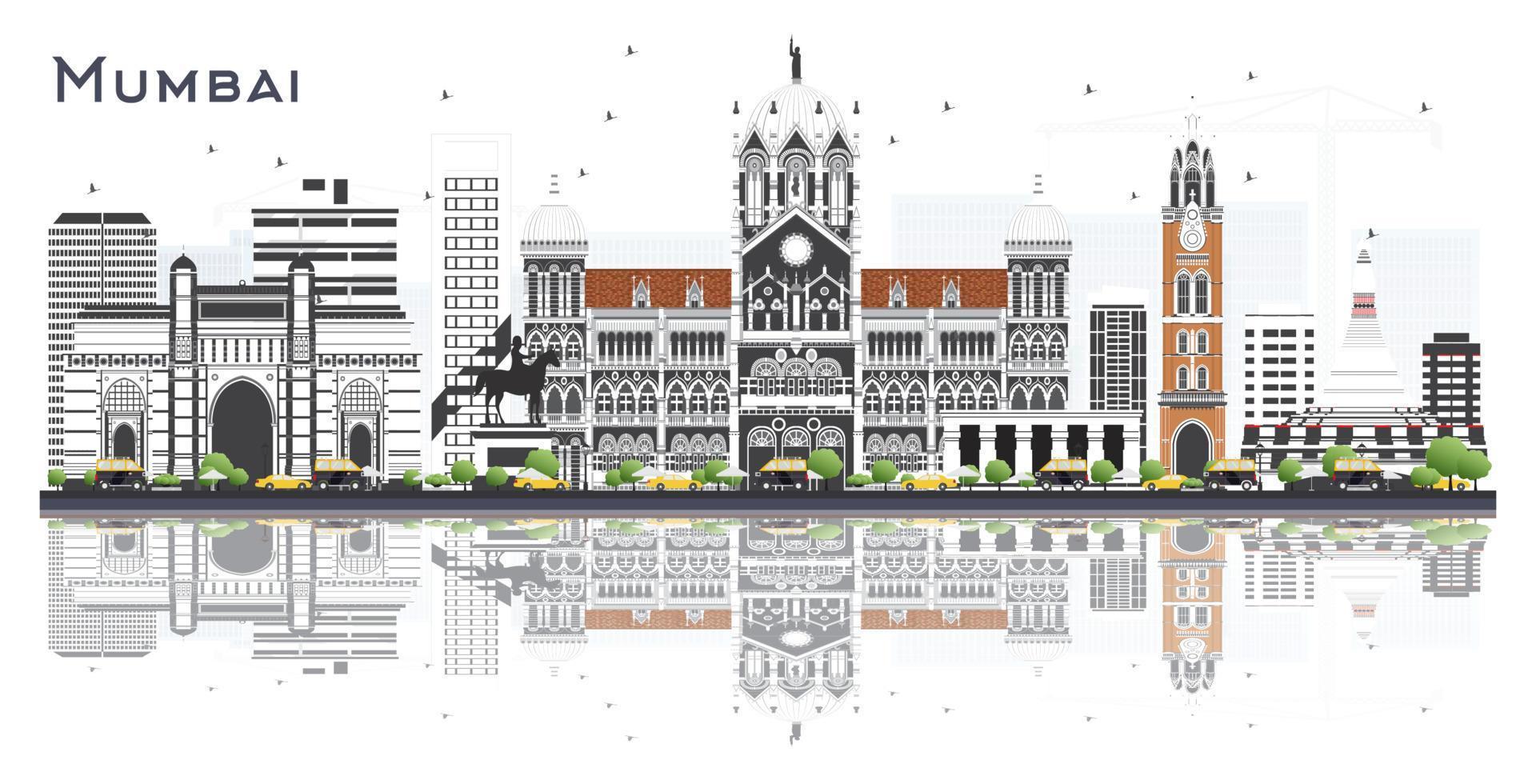 mumbai Indien stad horisont med Färg byggnader och reflektioner isolerat på vit. vektor