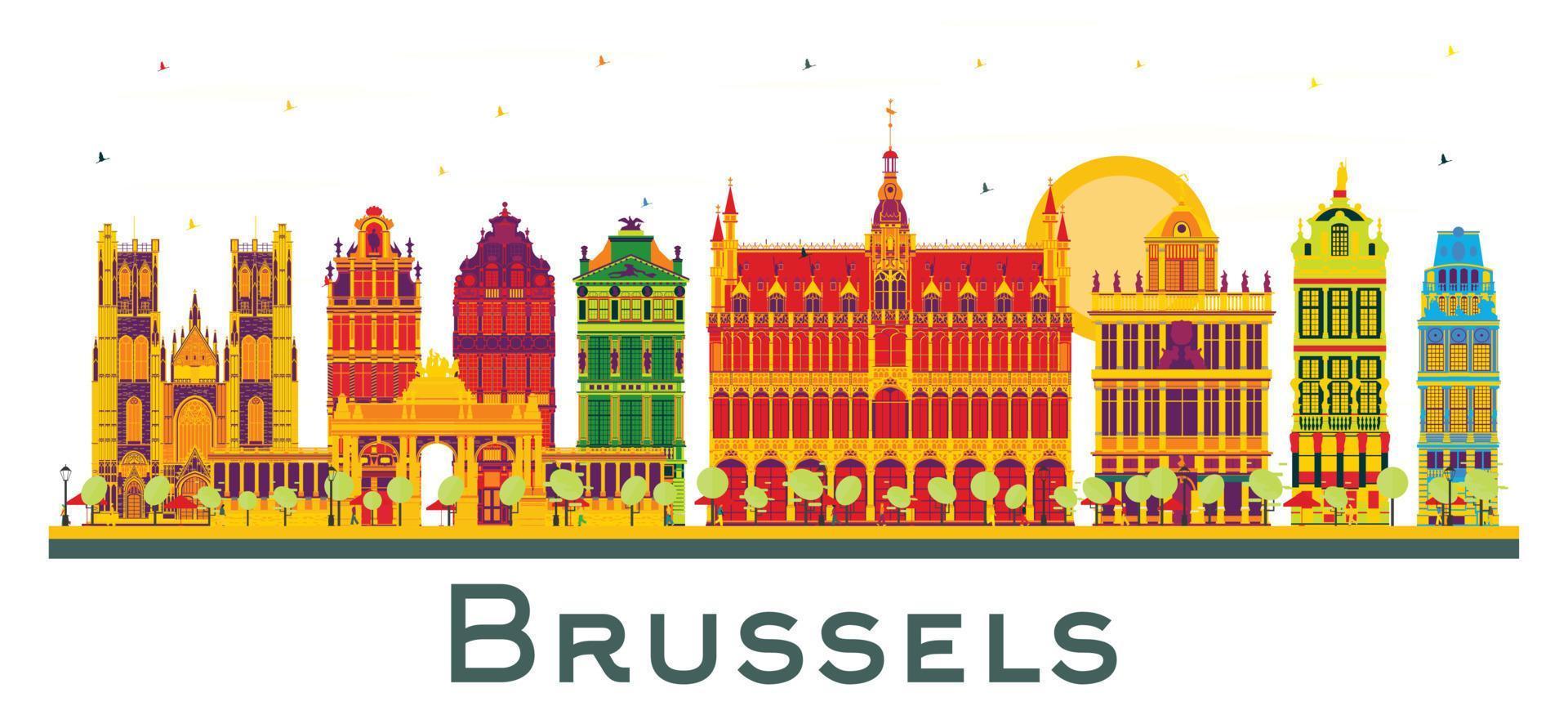 bryssel belgien stad horisont med Färg byggnader isolerat på vit. vektor