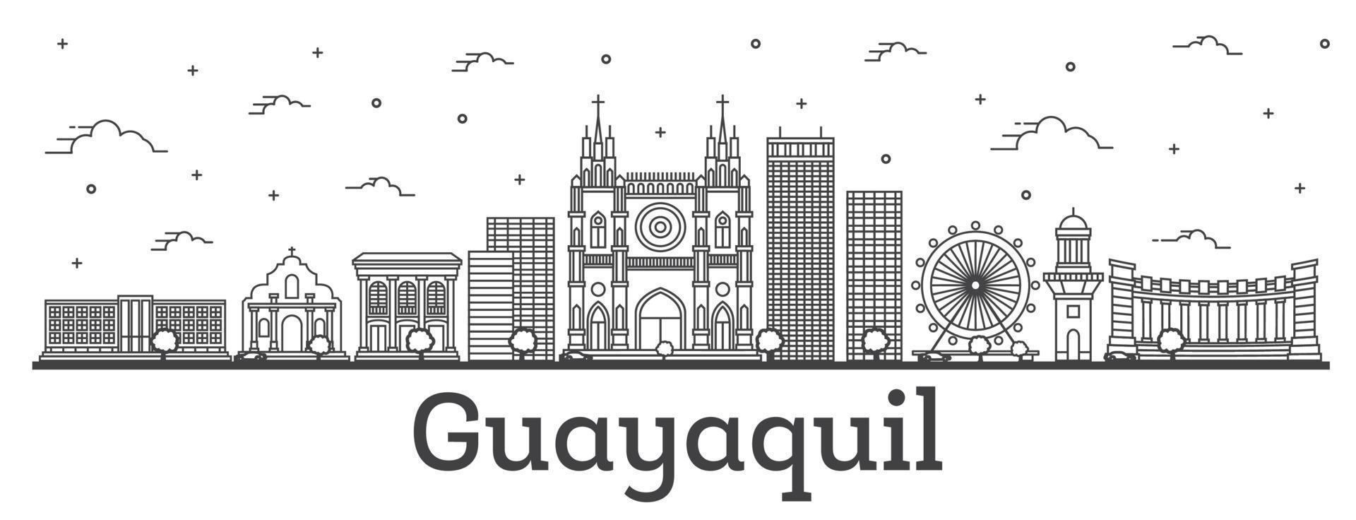 skizzieren sie die skyline von guayaquil ecuador mit historischen gebäuden, die auf weiß isoliert sind. vektor