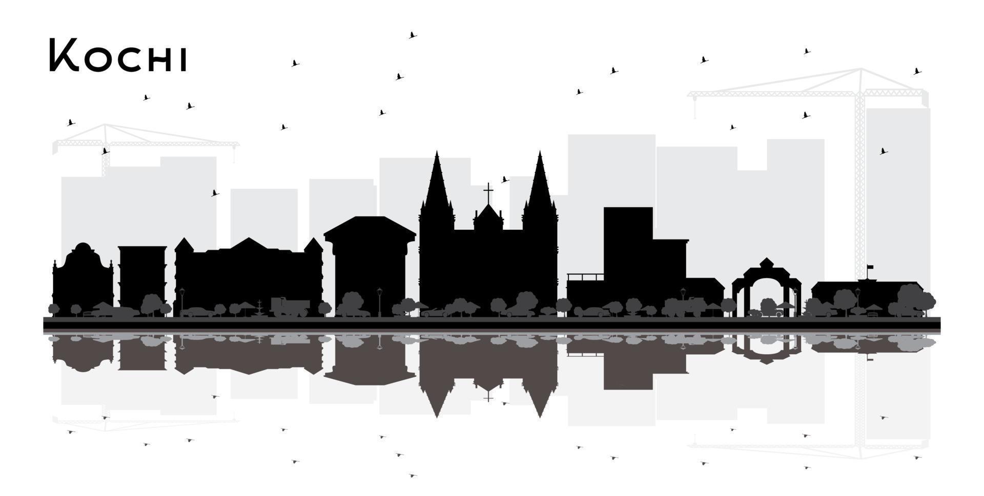 kochi india city skyline silhouette mit schwarzen gebäuden und reflexionen isoliert auf weiß. vektor