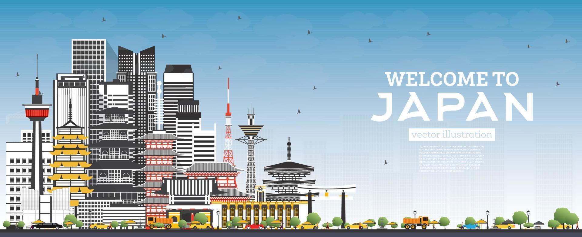 Välkommen till japan horisont med grå byggnader och blå himmel. vektor