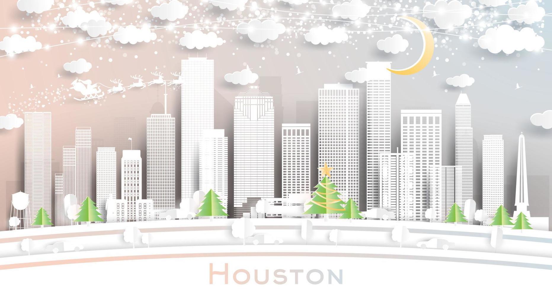 houston texas USA stad horisont i papper skära stil med snöflingor, måne och neon krans. vektor