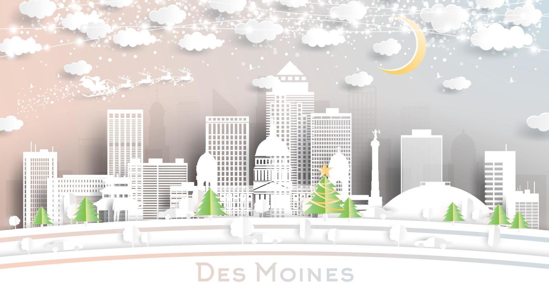 des moines iowa usa stadtskyline im papierschnittstil mit schneeflocken, mond und neongirlande. vektor