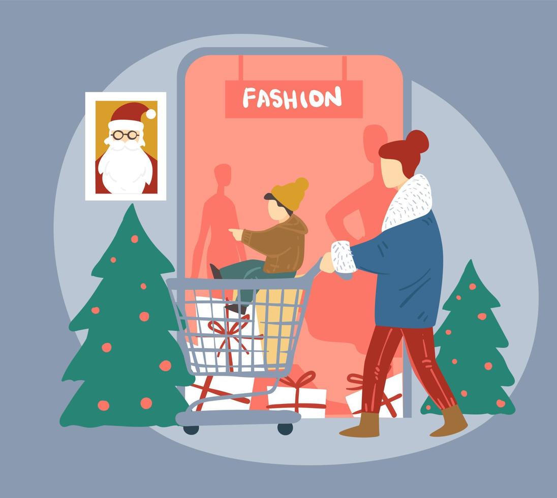 weihnachtseinkauf, mann und kind im shop wählen baum vektor