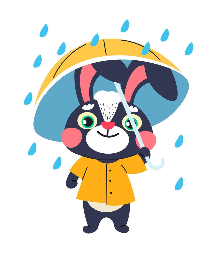 kaninchencharakter mit regenschirm, der unter regen steht vektor