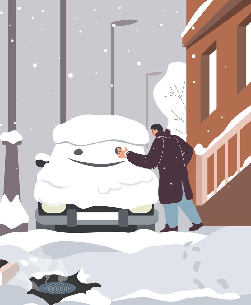 vinter- säsong glädje, man teckning på snöig bil vektor