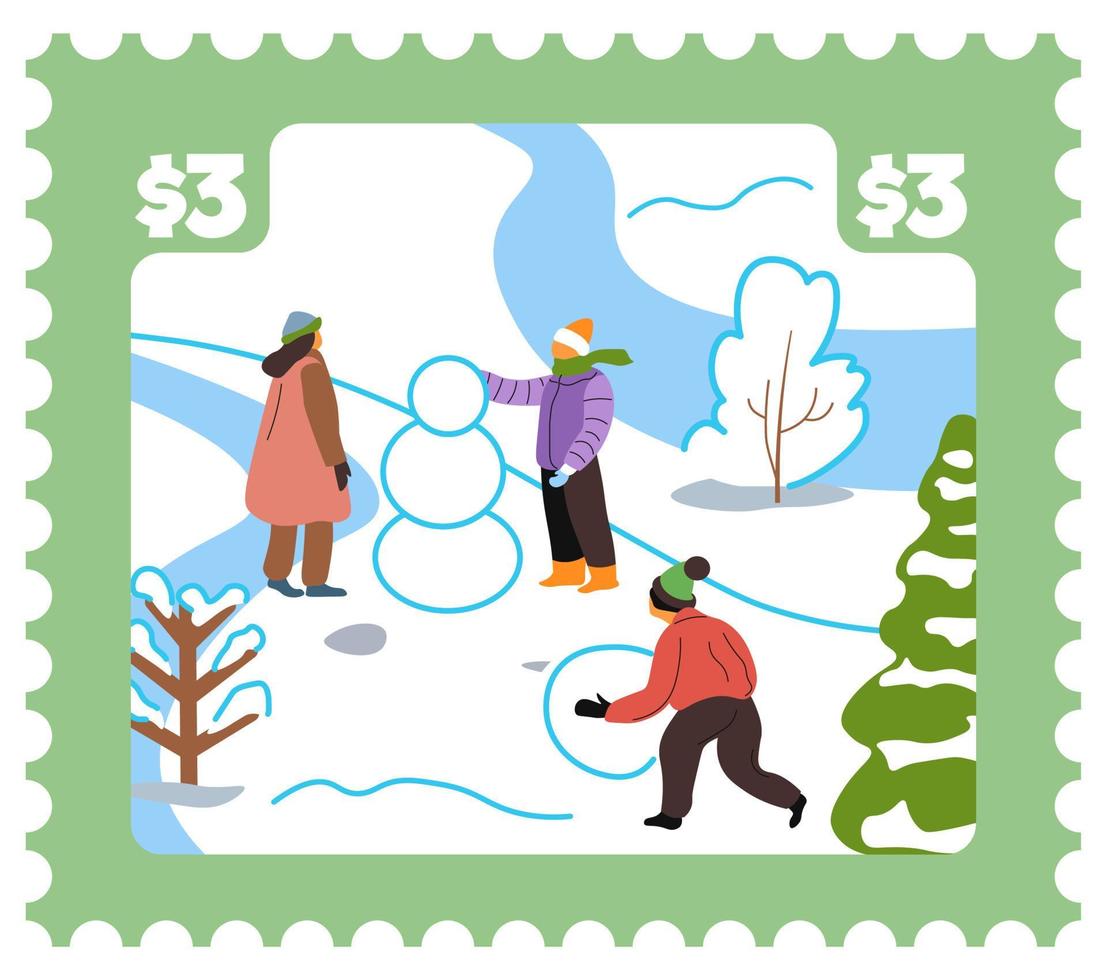 Winterpoststempel oder Karte mit verschneiter Landschaft vektor