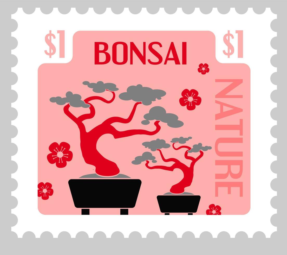 bonsai, japansk natur och kultur poststämplar vektor