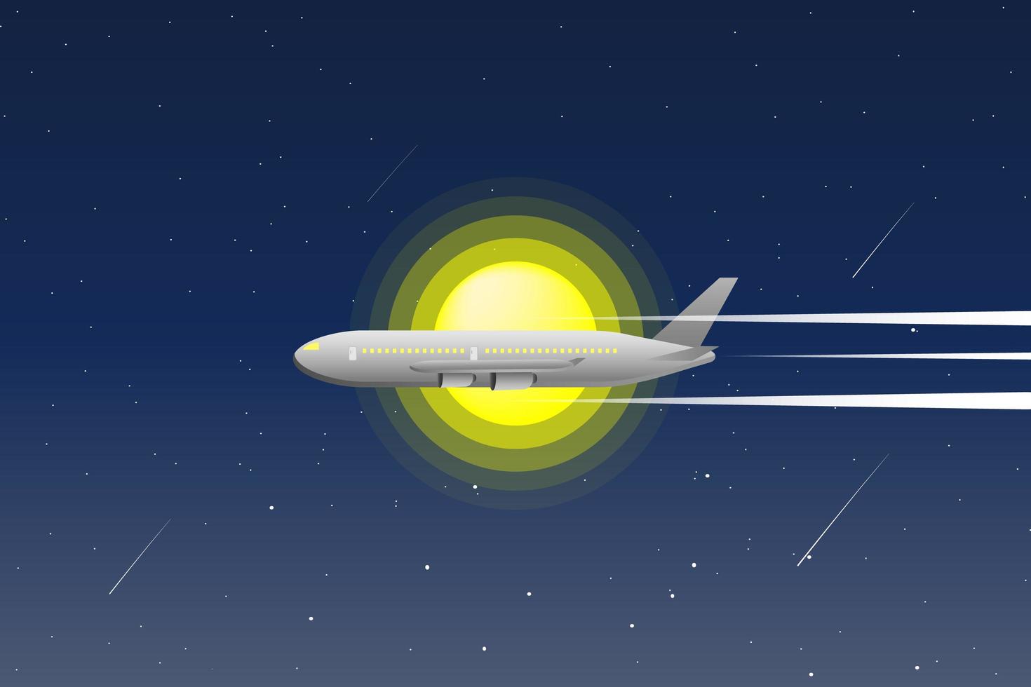 Flugzeug fliegt nachts durch den Mond und die Sterne vektor