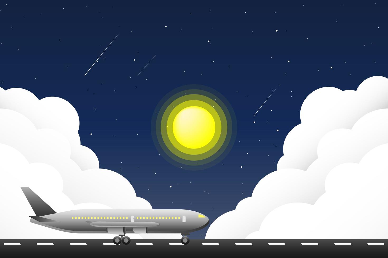 flygplan parkerat på en landningsbana med sol och moln vektor
